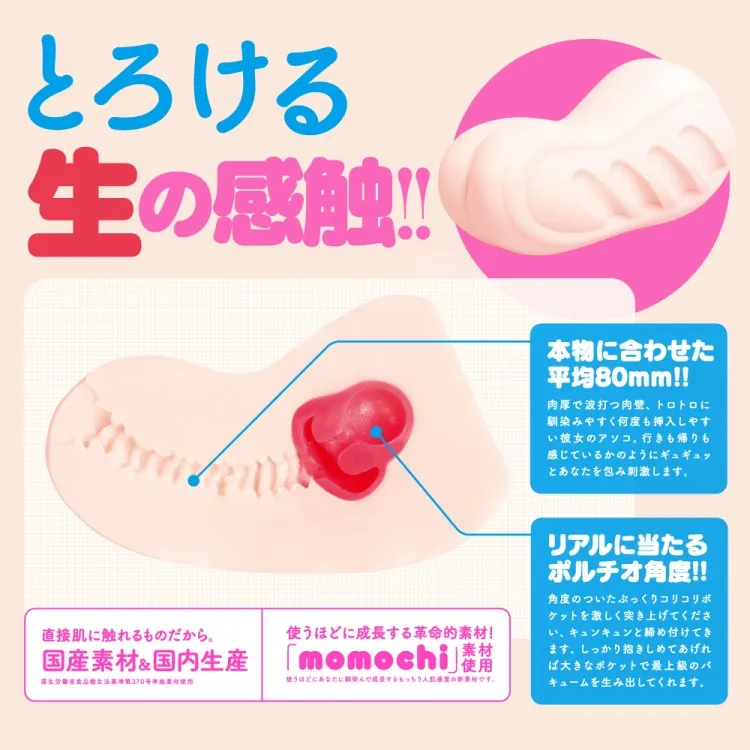HON-MONO / ハンドホール・オナホ / 内部断面図。前半の波打つ横ヒダゾーンと奥の子宮口(コリッとした別素材)の二層配置。ポルチオ角度設計と80mmの深さを示すHON-MONO内部構造断面