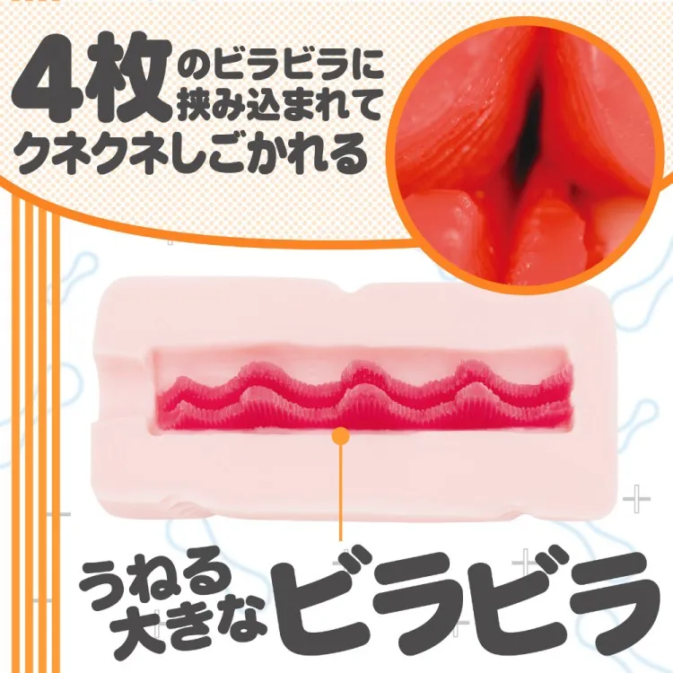 KUU-SOU 4LINE / ハンドホール・オナホ / 波打つ縦ヒダ4本(上下2本ずつ)とツルツル壁面の断面図。引き算設計で縦ヒダの刺激を際立たせる4LINE内部構造の全体像